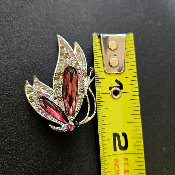 Vintage Rhinestone Butterfly Brooch Pink Amber Crystal Wings Gold Tone Pin 1.5" - Picture 3 of 5